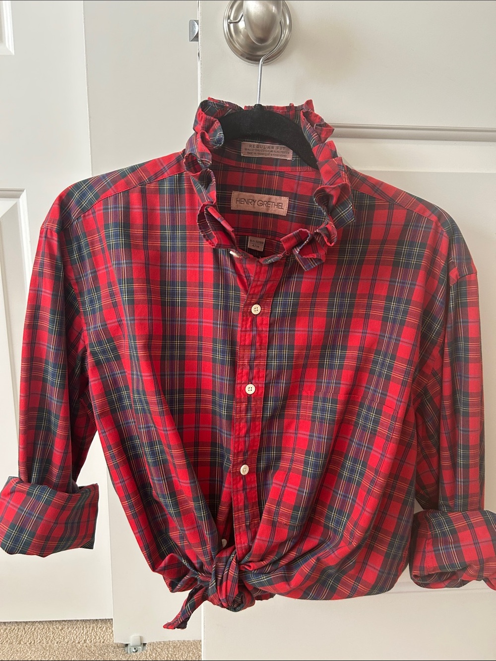 Red Plaid Button-Down Shirt with ruffled collar just in time for Christmas!